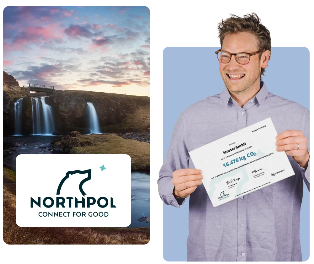 Logo von Northpol und eine Person, die ein Zertifikat über CO2-Reduktion hält.
