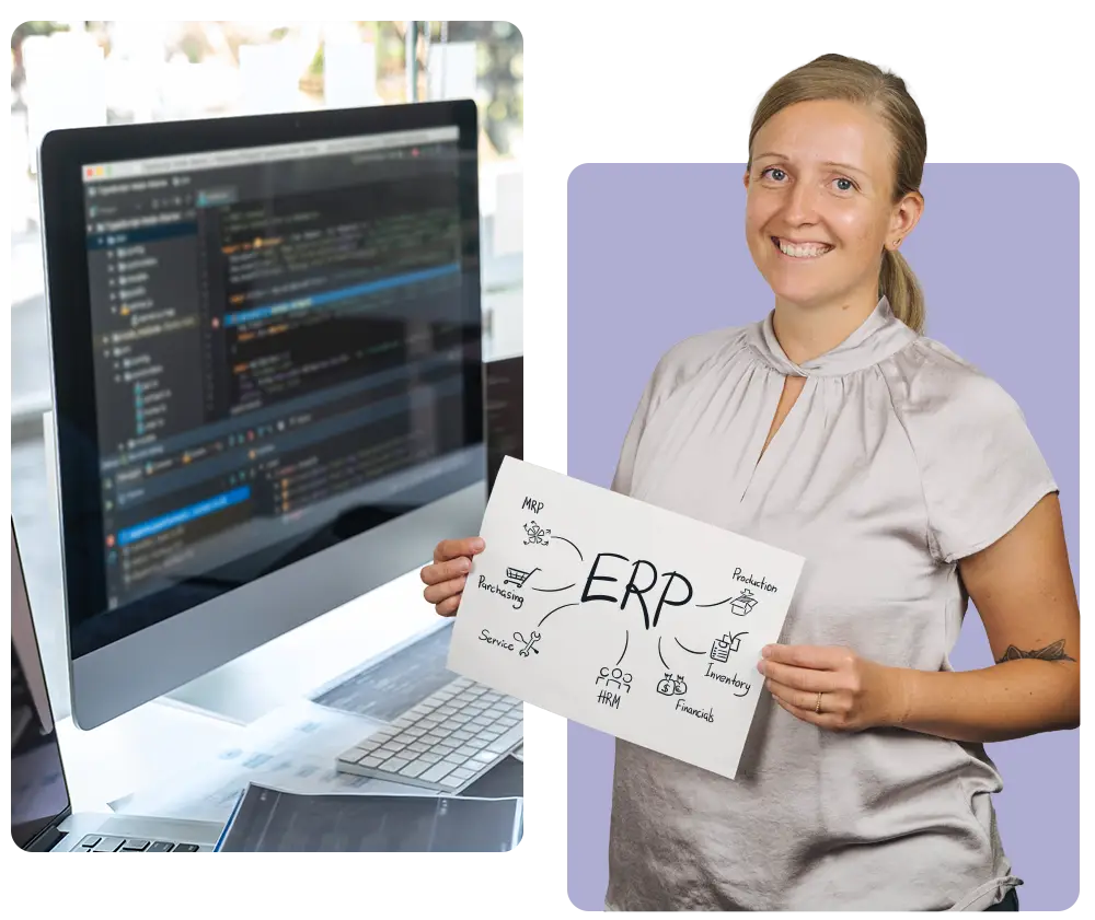 Eine Person hält ein Diagramm mit dem Wort 'ERP' und Symbolen, während ein Computer im Hintergrund sichtbar ist.