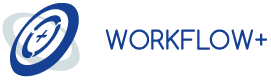 Logo von Workflow+ mit grafischem Element und Schriftzug in blauer Farbe.