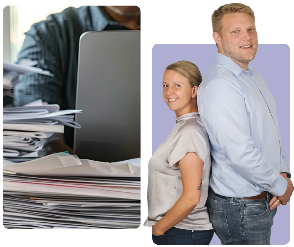 Zwei Personen stehen Rücken an Rücken, eine mit einem Laptop und die andere mit einem Stapel Dokumente.