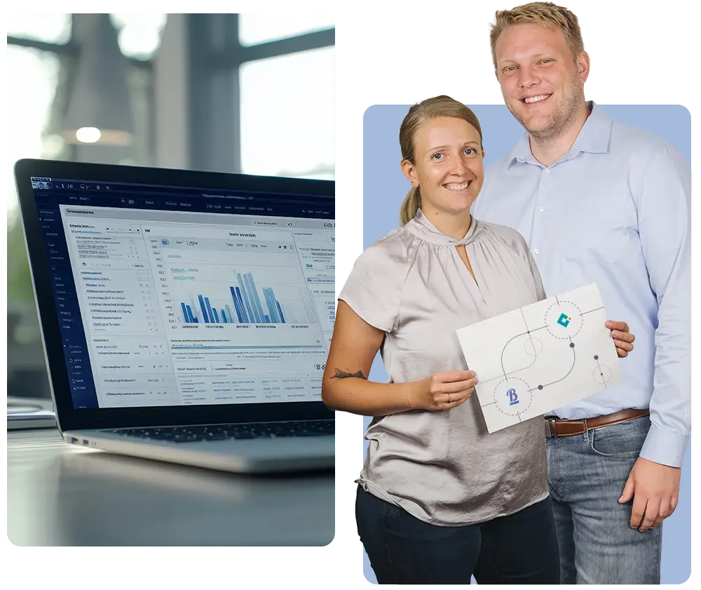 Mitarbeiter präsentiert Diagramme und Datenanalyse-Software auf einem Laptop.