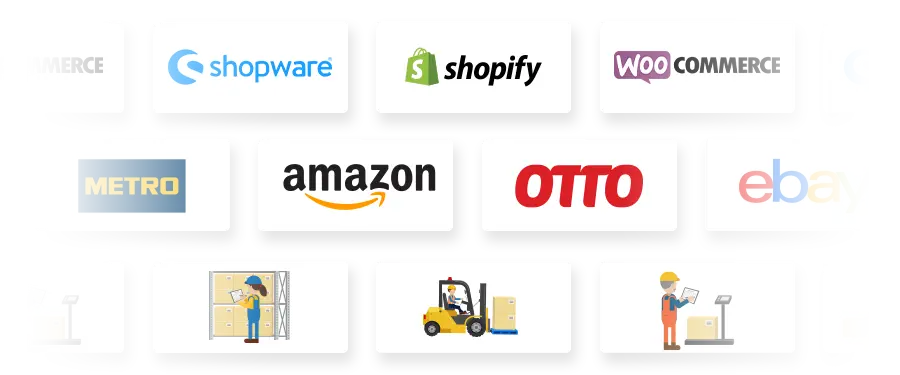 Logos verschiedener E-Commerce-Plattformen wie Amazon, eBay, und Shopify auf einem weißen Hintergrund.